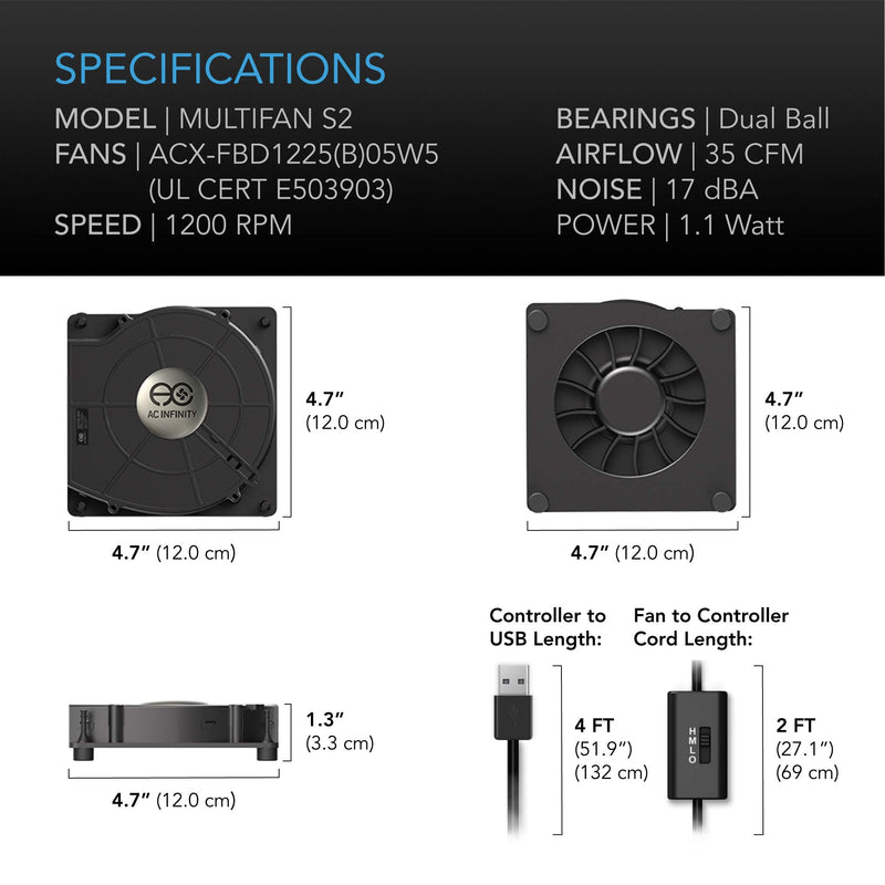  [AUSTRALIA] - AC Infinity MULTIFAN S2, Quiet 120mm USB Blower Fan with Speed Control, UL-Certified for Receiver DVR Xbox Modem AV Cabinet Cooling