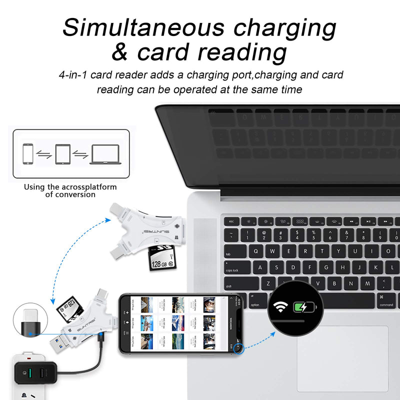 SD Card Reader for iPhone / ipad / Android / Mac / Computer / Camera,4 in1 Micro SD Card Reader Trail Camera Viewer, Portable Memory Card Reader SD Card Adapter Compatible with SD and TF Cards(White) white - LeoForward Australia