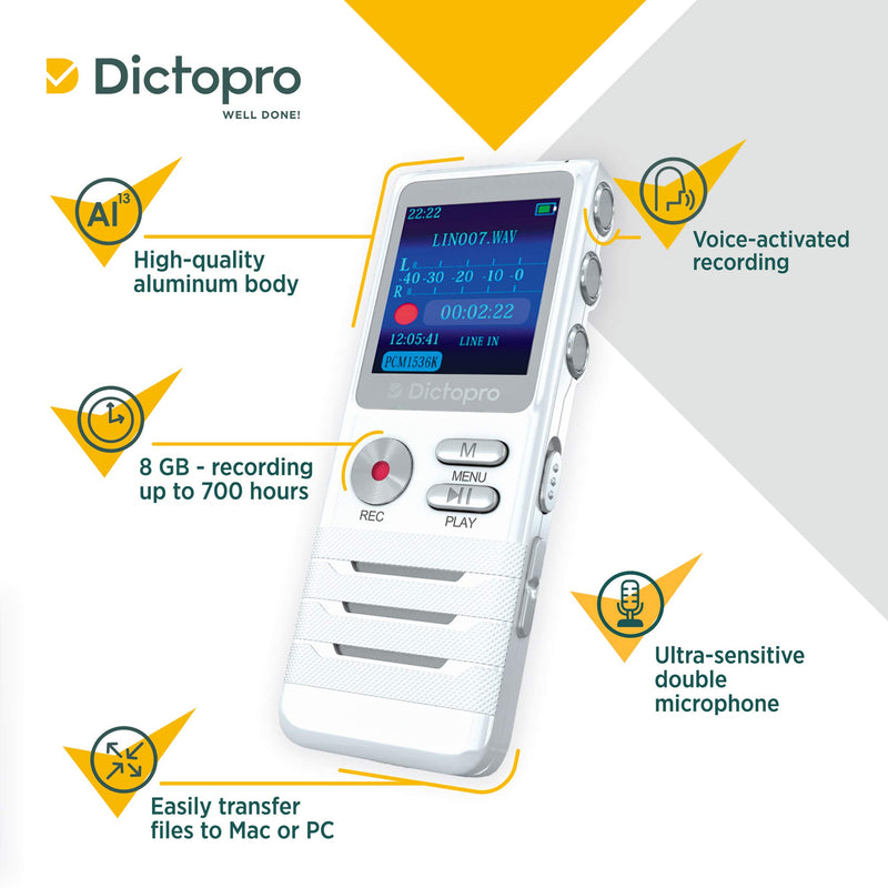  [AUSTRALIA] - Digital Voice Activated Recorder by Dictopro- Easy HD Recording of Lectures and Meetings with Double Microphone, Noise Reduction Audio, Sound, Portable Mini Tape Dictaphone, MP3, USB, 8GB