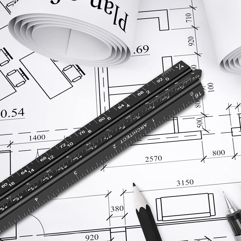  [AUSTRALIA] - 12" Architectural Scale Ruler Aluminum Architect Scale Triangular Scale Ruler for Architects, Draftsman, Students and Engineers, Black