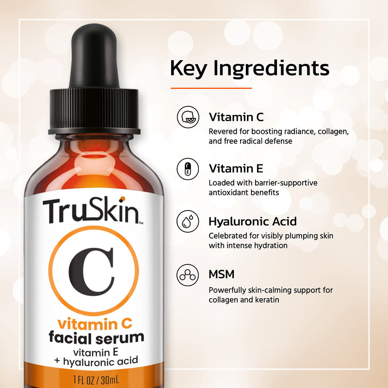 TruSkin Vitamin C Serum for Face, Anti Aging Serum with Hyaluronic Acid, Vitamin E, Organic Aloe Vera and Jojoba Oil, Hydrating & Brightening Serum for Dark Spots, Fine Lines and Wrinkles, 1 fl oz 1 Fl Oz (Pack of 1) - LeoForward Australia