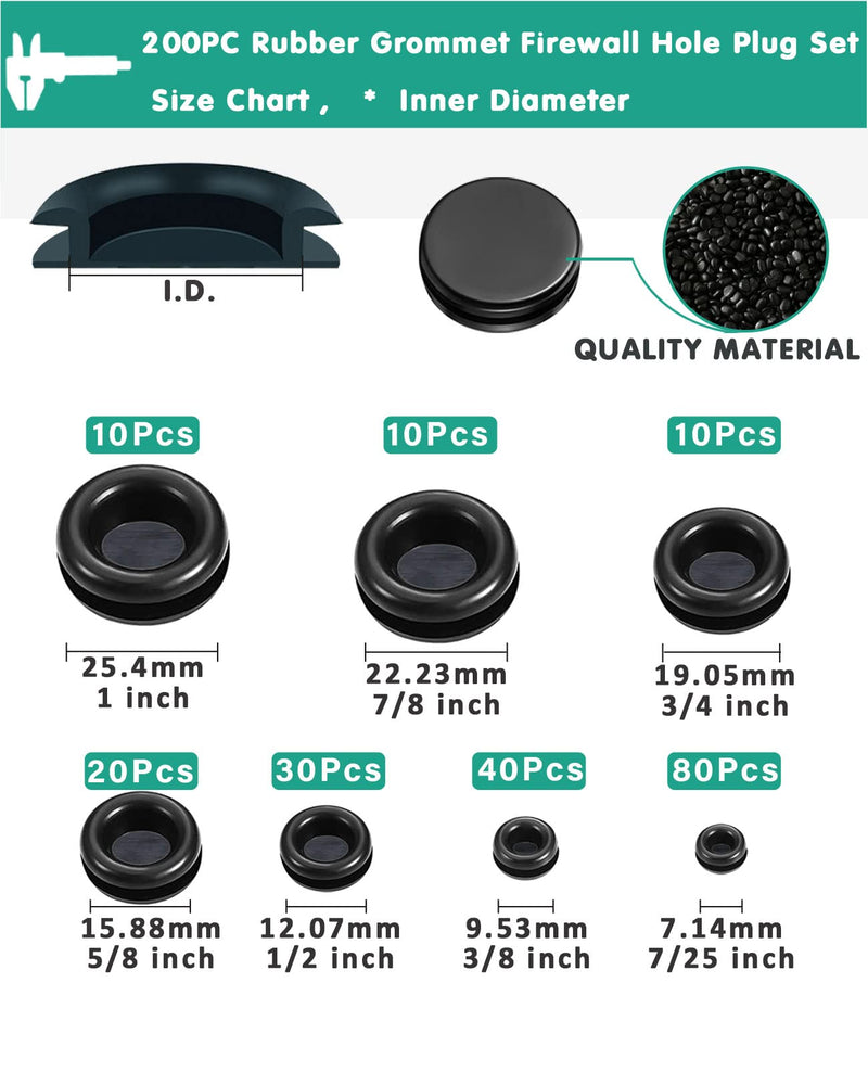  [AUSTRALIA] - Gysxrda Rubber Grommet Kit 200 Pack - 7 Sizes Firewall Rubber Hole Plugs Rubber Grommets for Wiring, Automotive, Home Improvement Cord Pipe Wire Organization (7/25, 3/8, 1/2, 5/8, 3/4, 7/8, 1 inch) B