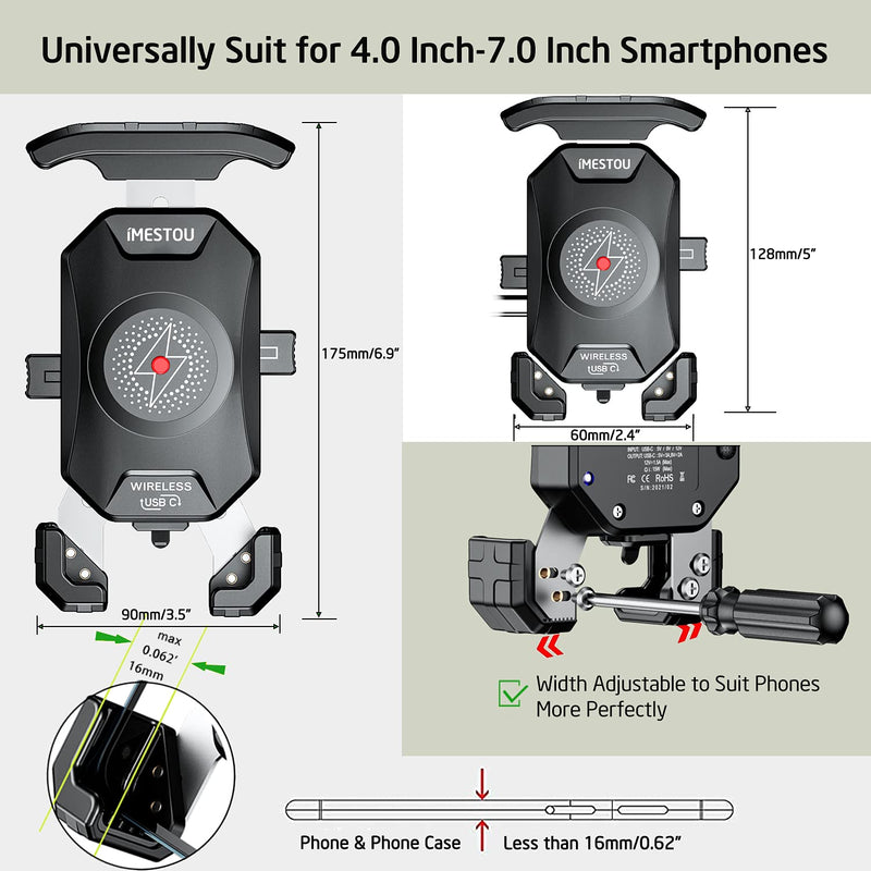  [AUSTRALIA] - iMESTOU Anti-Theft Motorcycle Wireless Phone Mount Charger 15W & USB C 3A Handlebar 1" Ball Stem Phone Holder Works with 12V/24V Vehicle/USB Socket 720 Rotation Quick Charge for 4.0-7.0" Cellphones Double Socket Arm-Wireless & USB C Charge