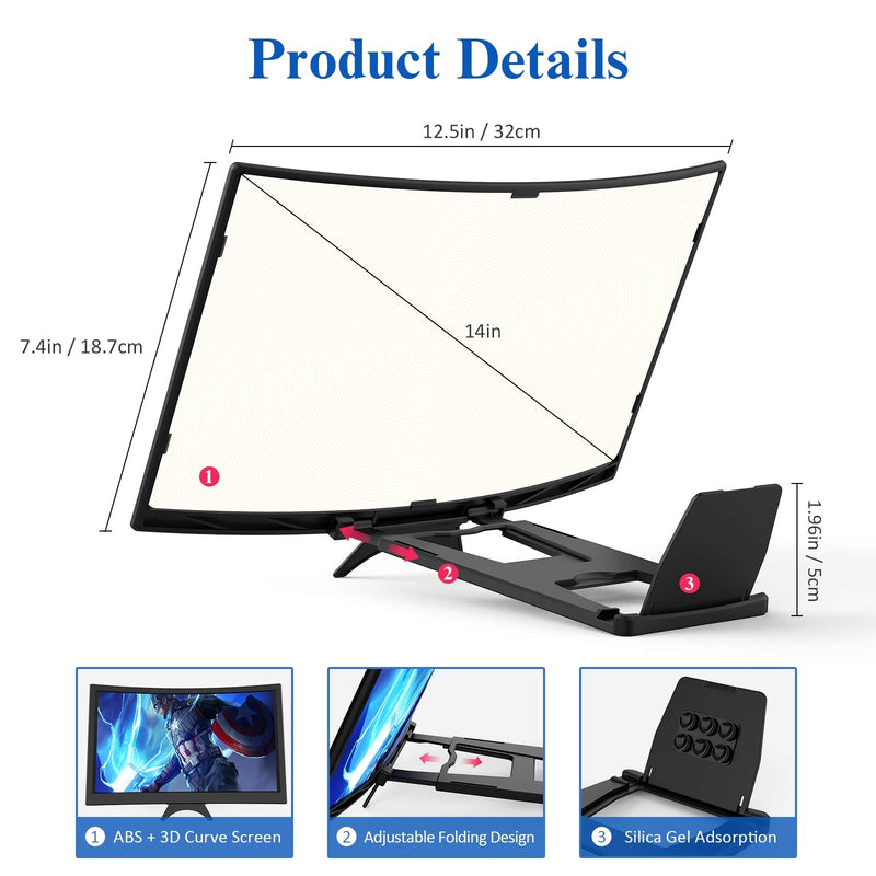  [AUSTRALIA] - 14" Curved Screen Magnifier for Cell Phone -3D HD Magnifing Projector Screen Enlarger for Movies, Videos, and Gaming – Foldable Phone Stand Holder with Screen Amplifier–Compatible with All Smartphones