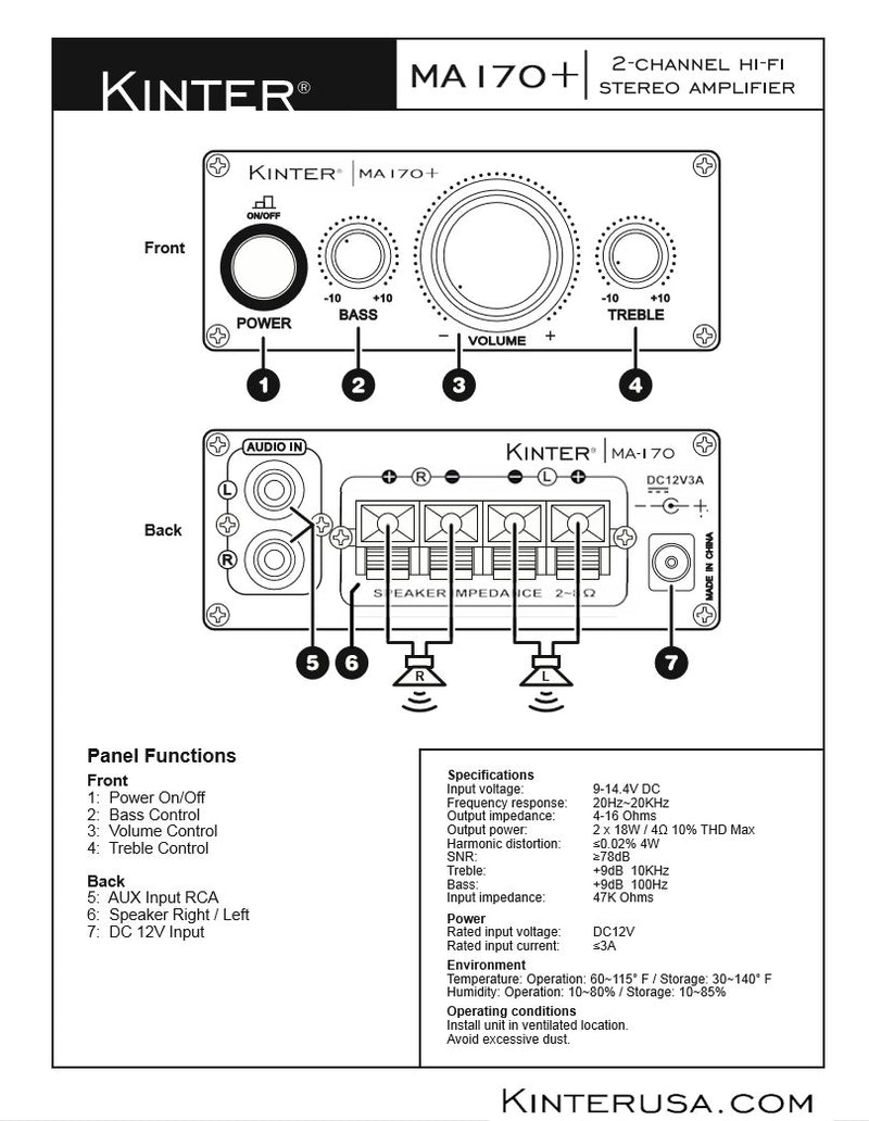 [AUSTRALIA] - Kinter MA170+ 2-Channel Auto Home Cycle Arcade DIY 2 x 18 W Mini Amplifier Bass Treble RCA Input Audio Mini Amplifier with 12V 3A Power Supply Black