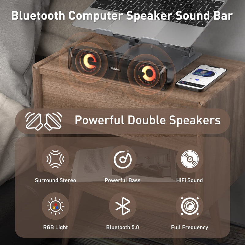  [AUSTRALIA] - Bobtot Computer Speakers Bluetooth Desktop Soundbar - HiFi Stereo Audio RGB Gaming Mini Subwoofer Wireless/AUX Wired USB Power Desk Monitor Laptop PC External Speaker Multimedia Sound Bar for Phones