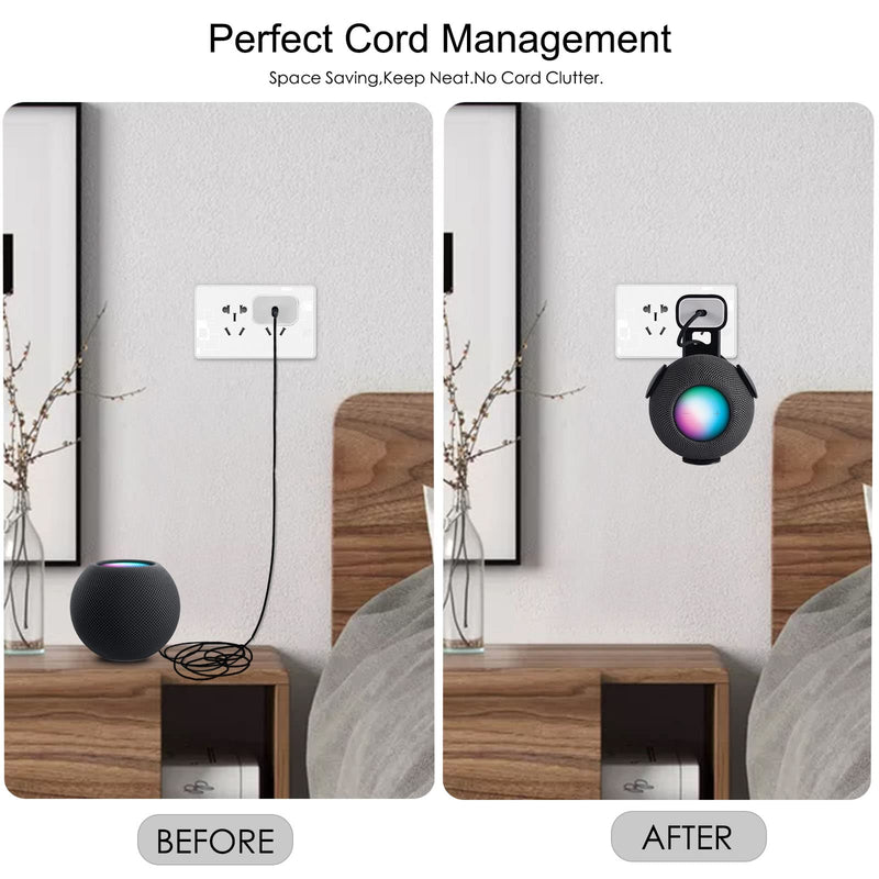  [AUSTRALIA] - V-MORO HomePod Mini Wall Mount Holder, Outlet Mount Stand Hidden Cable Management for Apple HomePod Mini Smart Speaker Shelf Without Messy Wires Excellent Space Saving Punch-Free 2-Pack Black