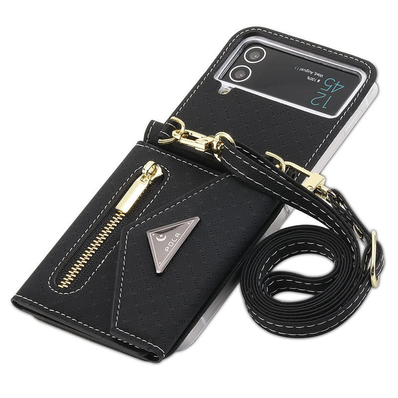  [AUSTRALIA] - Zipper Wallet Purse for Samsung Galaxy Z Flip 4 5G Crossbody Case with Credit Card Holder Strap Lanyard Women Kickstand Flip Leather (Black,Z Flip 4) Black