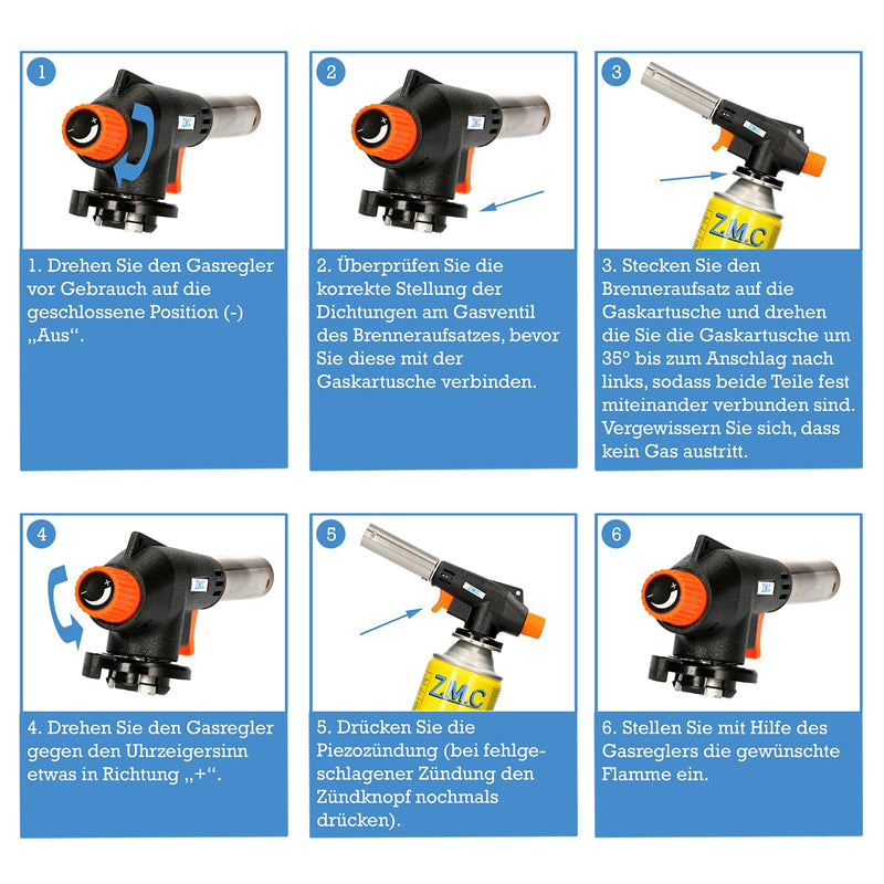  [AUSTRALIA] - ZMC gas burner + 8x gas cartridges 227g, flame burner up to 1300°C, Bunsen burner 1.3kW, soldering burner, kitchen burner with adjustable flame, blowtorch burner attachment, gas burner, gas lighter with 8x gas