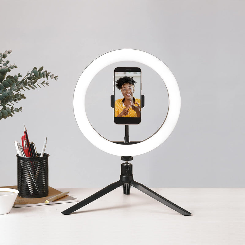  [AUSTRALIA] - Globe Electric 13338 10'' Ring Light with Tripod Stand, LED Integrated Circle Light with Phone Holder for Live Stream/Makeup/YouTube Video/TikTok, Compatible with All Phones, Adjustable Height