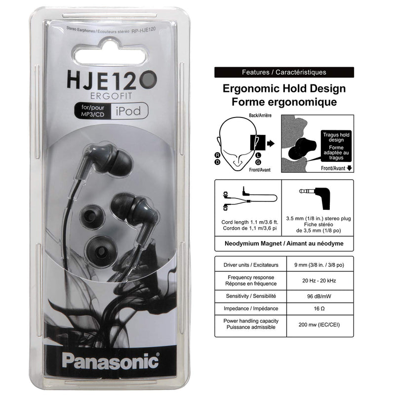  [AUSTRALIA] - Panasonic ErgoFit In-Ear Earbud Headphones RP-HJE120K Dynamic Crystal-Clear Sound, Ergonomic Comfort-Fit, 9mm, Black, PACK, No Mic