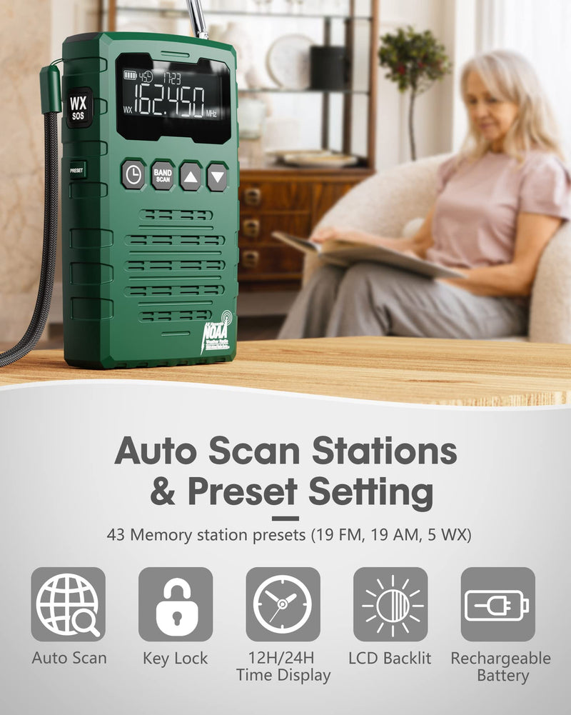  [AUSTRALIA] - NOAA Weather Radio - Rechargeable NOAA/AM/FM Emergency Radio, Portable Pocket Radio, Longest Playtime, Best Reception, Digital Tuning, Auto Scan&Preset Function, Time Display, Mono Headphone Socket Rechargeable Green