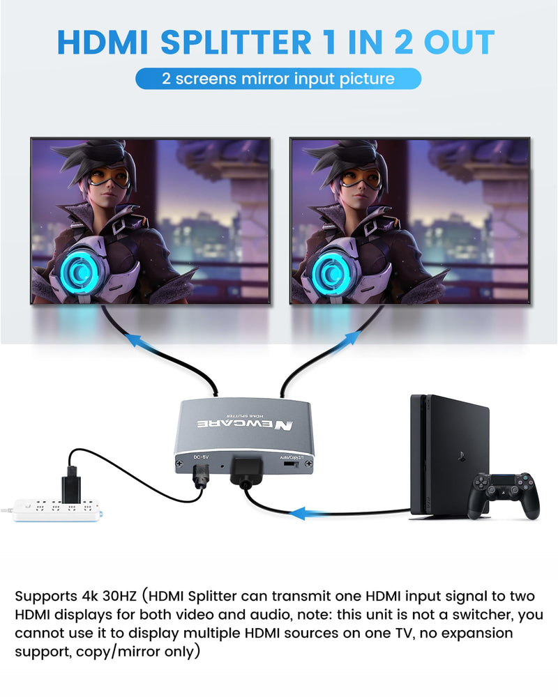  [AUSTRALIA] - NEWCARE HDMI Splitter 1 in 2 Out, Aluminum 4K HDMI Splitter Cable for Dual Monitors Duplicate/Mirror with 3.9FT High Speed Cable,Powered HDMI Splittter 1 to 2 Amplifier, 1 Source to 2 Displays 4K@30Hz HDMI Splitter Grey