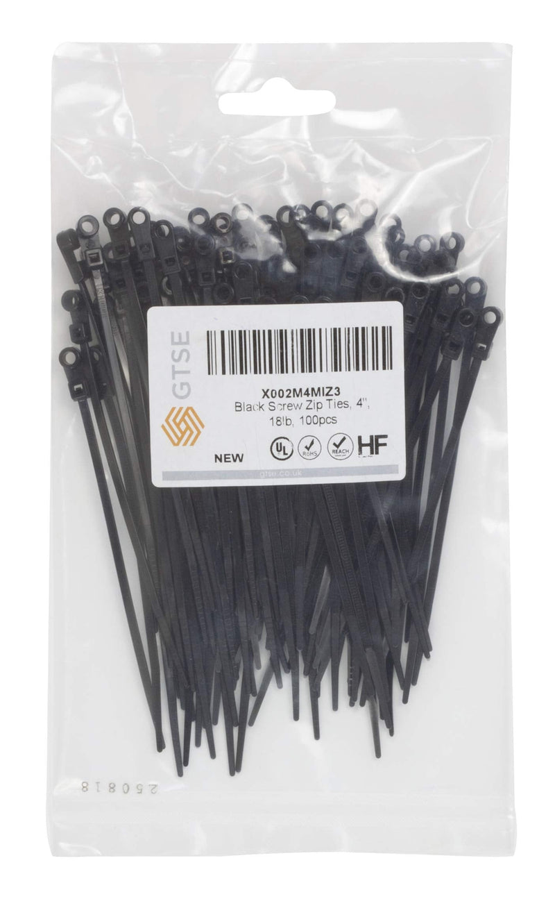  [AUSTRALIA] - GTSE 100 Pack Of Black Screw Mount Head Zip Ties, 4" x 0.1" (100mm x 2.5mm), Zip Ties With Screw Hole 4" (18lb)