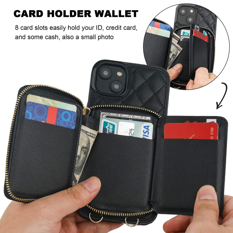  [AUSTRALIA] - Bocasal Crossbody Wallet Case for iPhone 14 Plus, RFID Blocking PU Leather Zipper Handbag Purse Flip Cover, Kickstand Folio Case with Card Slots Holder Wrist Strap Lanyard 5G 6.7 Inch (Black) Black