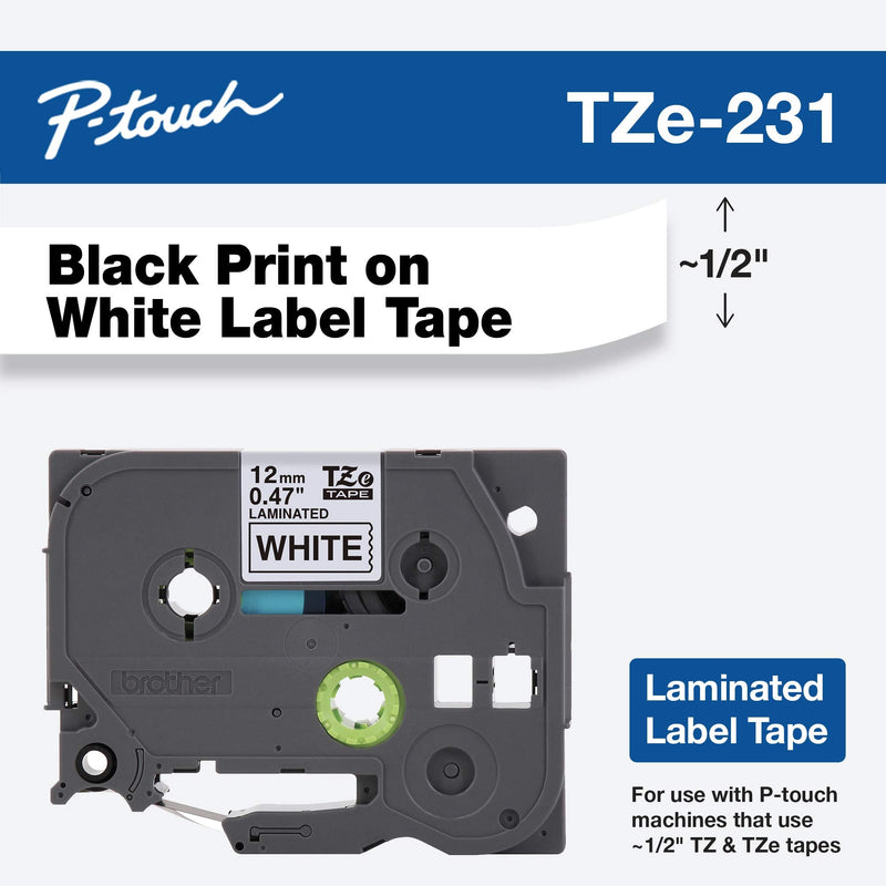  [AUSTRALIA] - Brother Genuine P-touch TZE-231 Tape, 1/2" (0.47") Wide Standard Laminated Tape, Black on white, Laminated for Indoor or Outdoor Use, Water-Resistant, 0.47" x 26.2' (12mm x 8M), TZE231 Black on White Standard