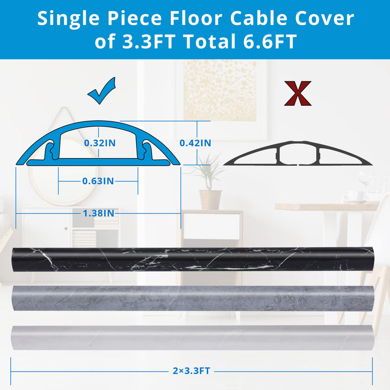  [AUSTRALIA] - LZEOY 6.6Ft Cord Hider Floor for Extension Cord Cover, PVC Floor Wire Covers for Cords, Cable Cover Floor to Cord Protector, Wire Cover Cord Cavity:2 x 3.3 ft (L) 0.63" (W) x 0.32" (H), Black-White 6.6 feet