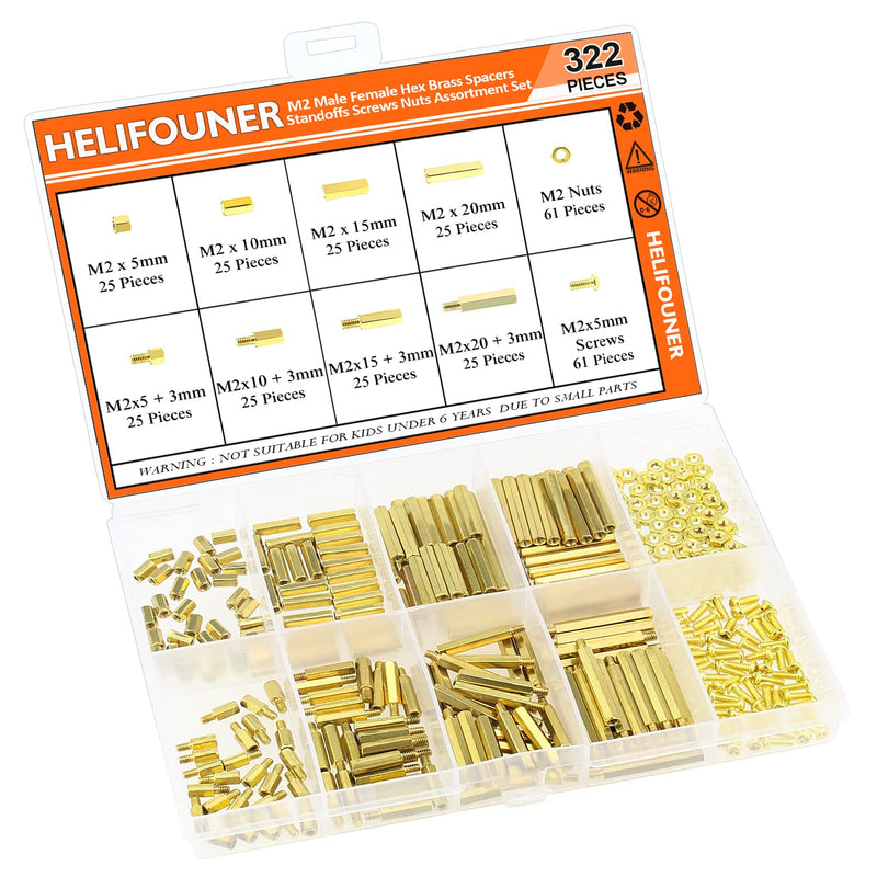  [AUSTRALIA] - HELIFOUNER 322 Pieces M2 Male Female Hex Brass Spacers Standoffs Screws Nuts Assortment Kit, Threaded Pillar for Printed Circuit Board Motherboard M2 Brass Standoff Set