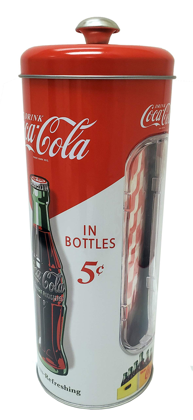  [AUSTRALIA] - The Tin Box Company Coke Holder Tin with 20 Paper Straws Inside, 3-3/8 x 8-1/4"H, Red and White