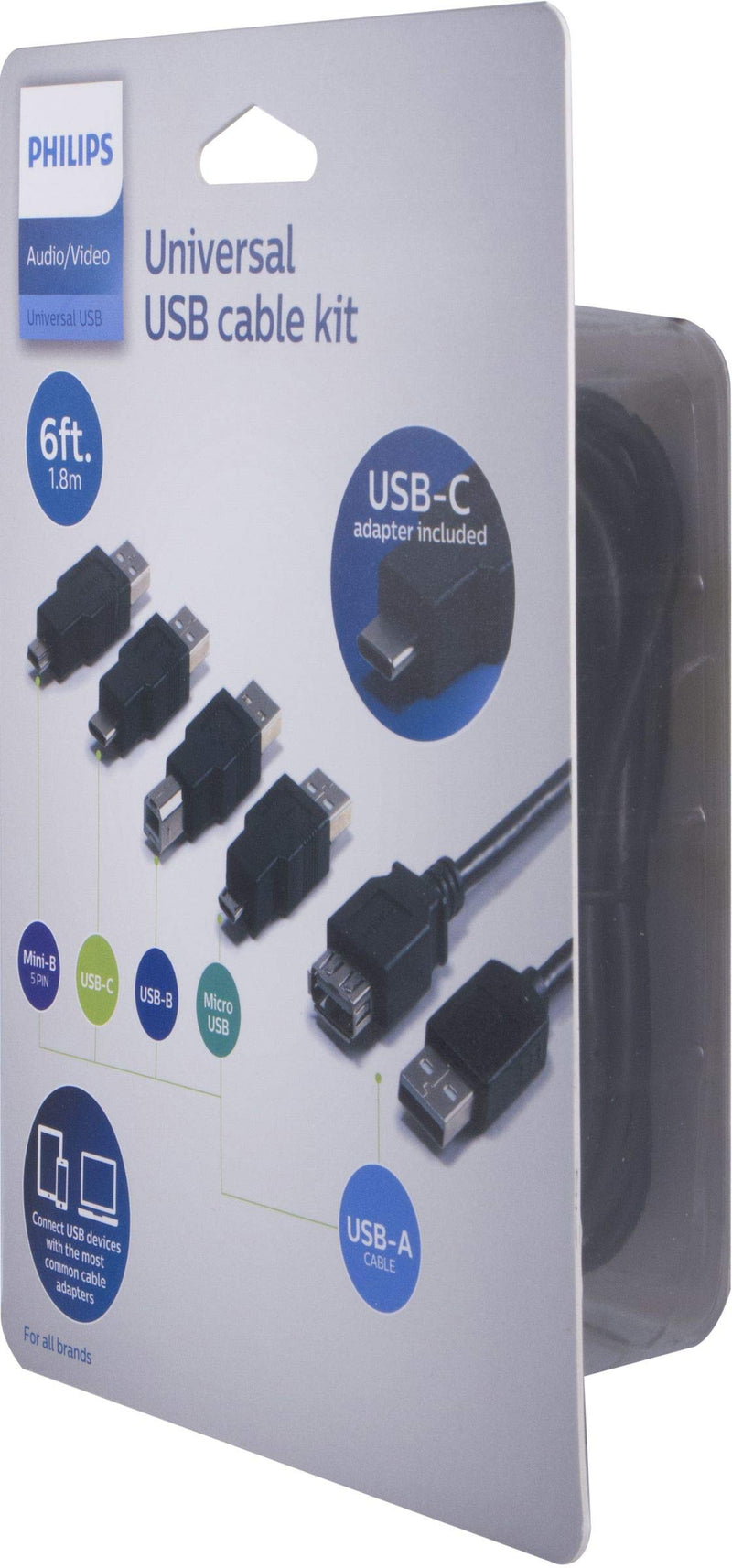  [AUSTRALIA] - Philips 5-in-1 Universal USB Cable Kit, Includes Adapters for: Mini-B (5 PIN), USB-C, USB-B, Micro USB, and USB-A 2.0 Cable, for Mobile Devices, Laptops, Printers, Scanners, Cameras, SWU8002N/27