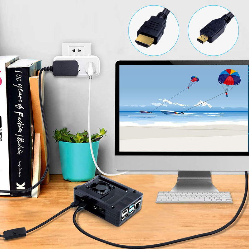  [AUSTRALIA] - Smraza Case for Raspberry Pi 4 Model B, Acrylic Case with Fan, 4PCS Heatsinks, 5V 3A USB-C Power Supply, USB Card Reader, 6 Feet Micro HDMI Cable, 7.8 inch Micro HDMI to HDMI Adapter Cable 4K Ultra HD