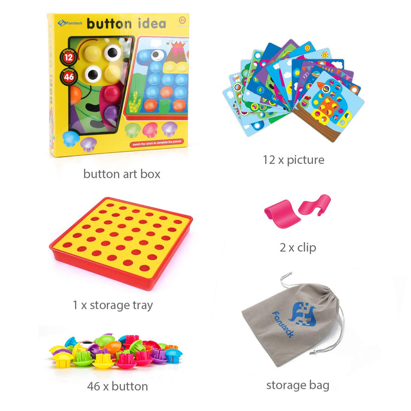 Fansteck Button Art Toy for Toddlers, Color Matching Early Learning Educational Mosaic Pegboard , Safe Nontoxic ABS Plastic Premium Material, 12 Pictures and 46 Buttons ,with a Bag Easy to Storag - LeoForward Australia