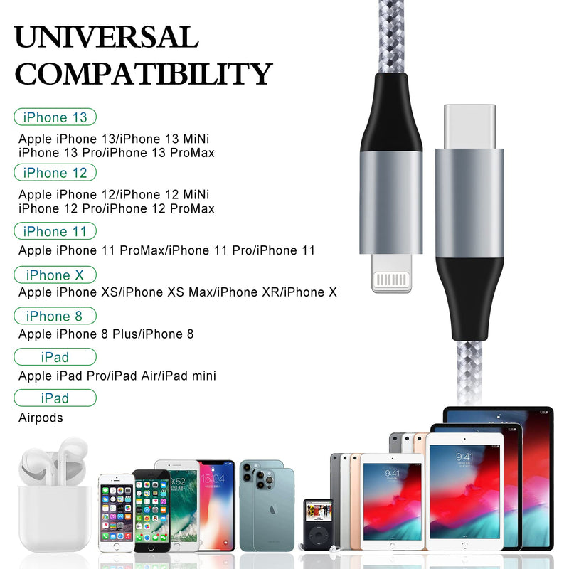  [AUSTRALIA] - iPhone 13 Fast Charger Cable,[Apple MFi Certified]Apple iPhone Charging Cable Cord 2Pack 6FT USB C to Lightning Cables Cord Compatible with iPhone 13/13 Pro/12/12 Pro Max/11/11 Pro/XS/XR/8 Plus/8/iPad Gray&White