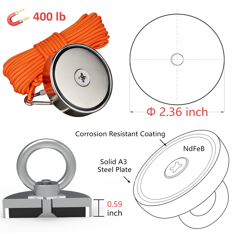  [AUSTRALIA] - MUTUACTOR Fishing Magnet Kit 400lb Super Strong Neodymium Fishing Magnet Hunting Treasure Under Lake and Water 400lbs Fishing Magnet Kit