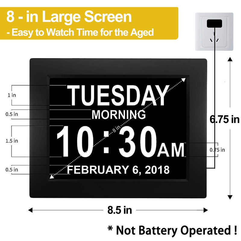 Digital Calendar Alarm Day Clock - with 8” Screen Display, am pm, 5 Alarm, for Extra Impaired Vision People, The Aged Seniors, The Dementia, Wall Mounted, black - LeoForward Australia