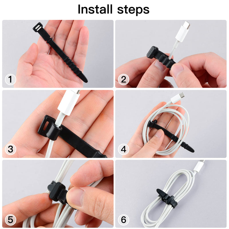  [AUSTRALIA] - PZOZ (10 pcs) Reusable Cable Zip Ties, 4.5 inch Elastic Silicone Cord Organizer Straps Management Holder for Phone Charging Cable Wire and Headphones and Home Office Desk Car (Black) Black