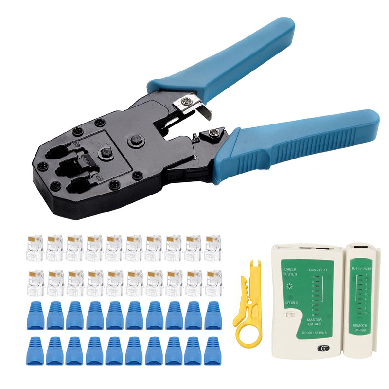  [AUSTRALIA] - TLS.eagle RJ45 Crimp Tool Kit Cat5 Cat5e Crimping Tool with 100 RJ45 Cat5 Connectors 20 RJ45 Cat5 Cat6 Connector Covers Cable Tester Network Wire Stripper