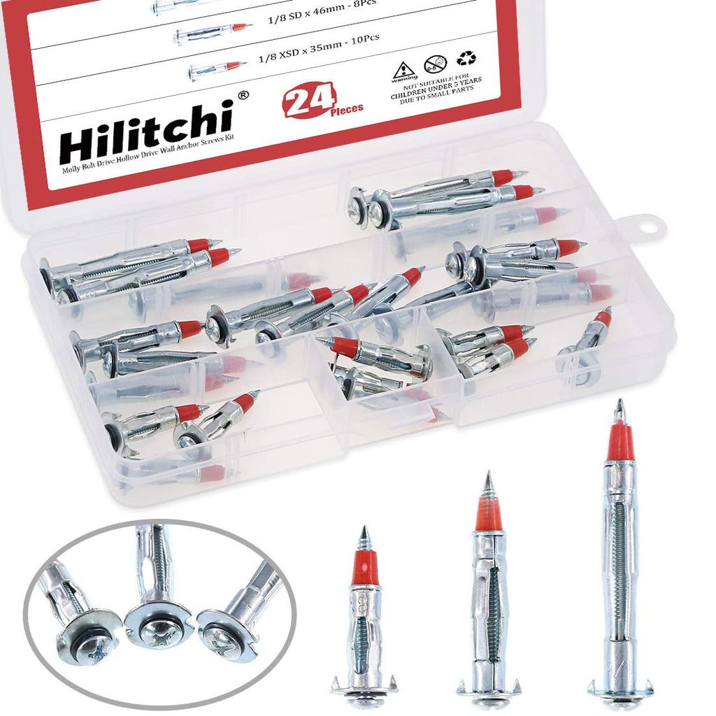  [AUSTRALIA] - Hilitchi 24-Pcs [3-Sizes] 35mm 46mm 59mm Long Hollow Wall Drive Anchors Assortment Kit Zinc Plated Steel Heavy Duty Philips Round Headed Molly Bolt Drive for Drywall
