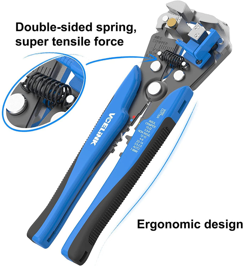  [AUSTRALIA] - VCELINK Automatic Wire Stripper Tool, Self Adjusting Wire Cutter Crimper Pliers for 24–10 AWG Electrical Wire Stripping, Cutting and Crimping (Blue) 8-Inch