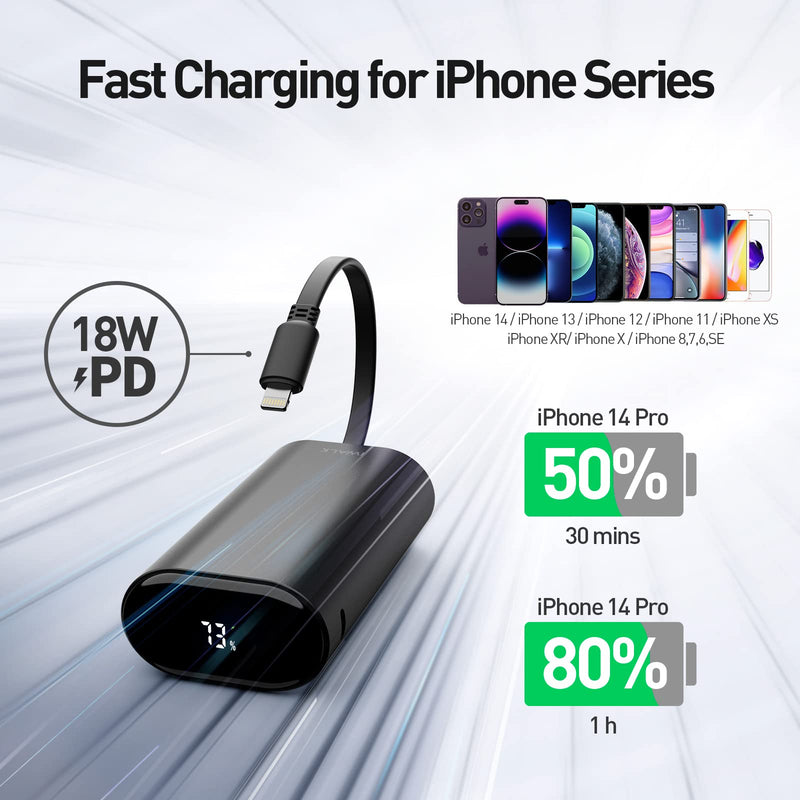  [AUSTRALIA] - iWALK LinkPod Y2 Power Bank Fast Charging 9600mAh,Small Portable Charger with PD Output & LED Display,[2022 Upgrade]Battery Pack Portable Charger with Built-in Cable Compatible with iPhone 14/13/12/6 Black