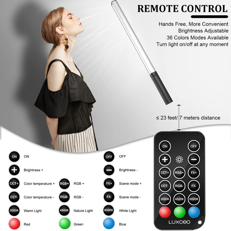  [AUSTRALIA] - Portable LED Photography Light Wand, LUXCEO Handheld LED Video Light 1000 Lumens CRI 95+ USB Rechargeable with Remote Control, Carry Bag, Adjustable Color Temperature 3000K-6000K and 36 Colors