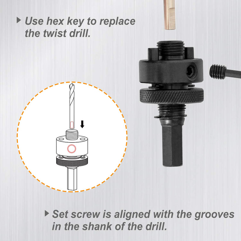 SUNGATOR Hole Saw Mandrel, 4-Piece Hole Saw Arbor Set, 7/16" and 3/8" Shank Fit 3/4-Inch to 6-Inch Diameter, Including Medium Adapter and HSS Pilot Drills Suitable for Common Brand Hole Saws - LeoForward Australia