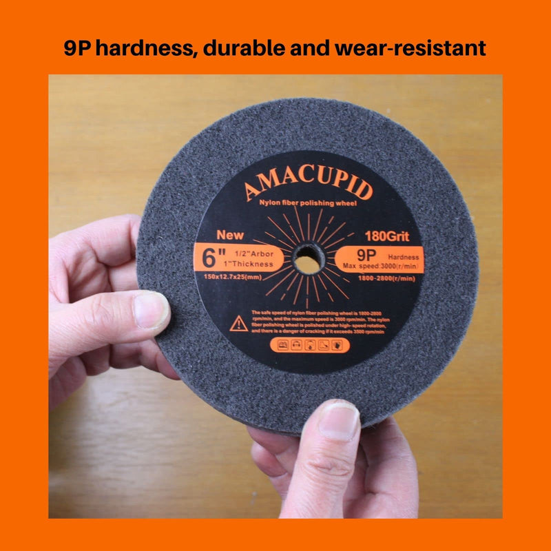  [AUSTRALIA] - AmaCupid Deburring Wheel, Nylon Fiber Buffing Polishing Wheels 6 inch 9P Hardness. for Bench Grinder Polishing Stainless Steel, etc. Abrasive Silicon Carbide.180 Grit,1/2 inch Arbor,1 inch Thickness