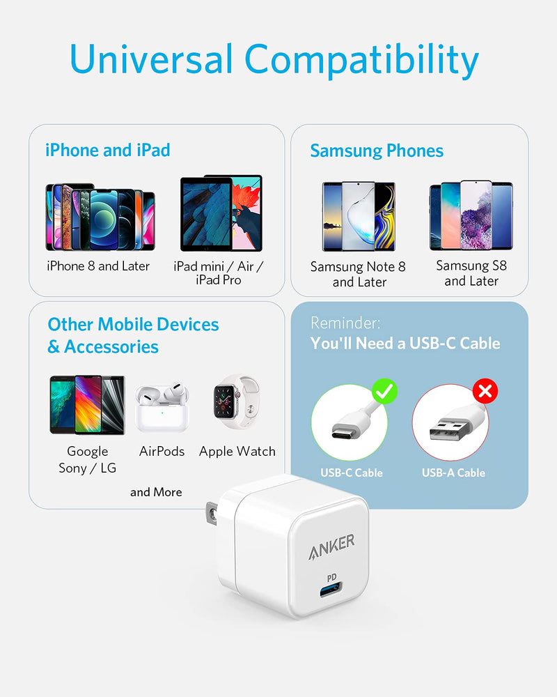  [AUSTRALIA] - USB C Charger, Anker 2-Pack Fast Charger with Foldable Plug, PowerPort III 20W Cube Charger for iPhone 14/14 Plus/14 Pro/14 Pro Max/13, Galaxy, Pixel 4/3, iPad/iPad Mini, and More(Cable not Included) 2pack White