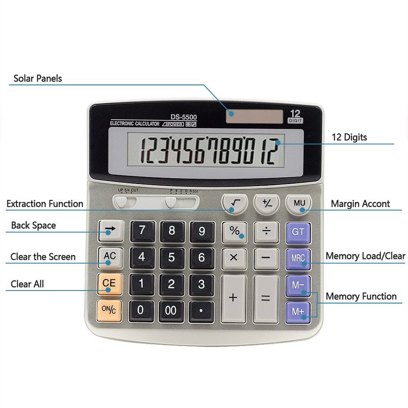 Calculator,12-Digit Desktop Basic Calculator, Solar Battery Dual Power with Large LCD Display and Large Buttons Office Calculator by Ebristar (JP01251A) Black+Metal - LeoForward Australia