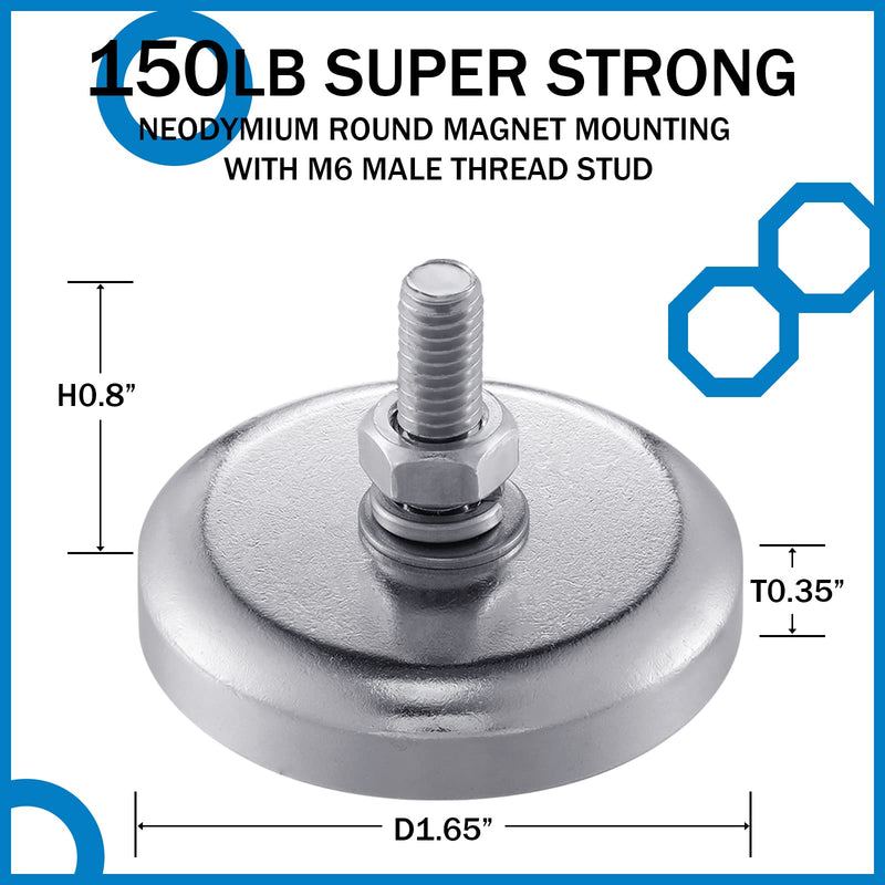  [AUSTRALIA] - 4 Pack Neodymium Round Magnet with M6 Male Thread, 150 lb Round Magnet with Bolt Stud Mounting Magnet for Lighting, Camera and Other Brackets 4 150lb Magnet