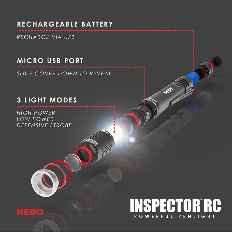 NEBO Rechargeable Pen Light Flashlight 360-Lumens Inspector Rechargeable Flashlights Features Flex Power, Meaning it can be Operated by The Included Rechargeable Battery or by 2X AAA Batteries 1 pack - LeoForward Australia