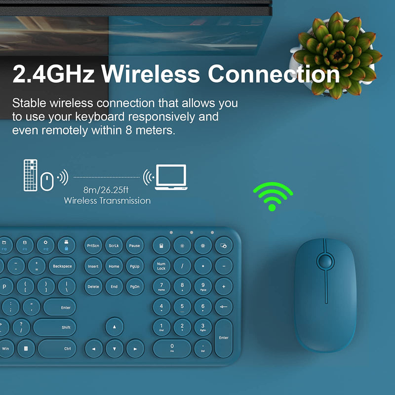  [AUSTRALIA] - Mobifice Cute Keyboard and Mouse Wireless for PC Computer/Laptop/Windows/Mac/Tablets/Apple iPad, Ultra-Thin 2.4GHz USB Cordless Full-Sized Silent Retro Computer Keyboard Mouse Combo (Blue) Teal Blue