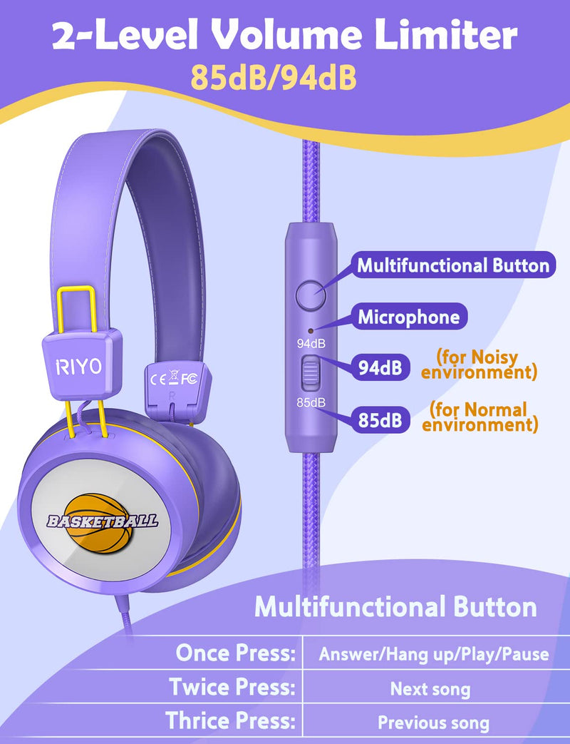  [AUSTRALIA] - RIYO Kids Headphones with Microphone Wired On-Ear Headphones with 85dB/94dB Volume Limited 3.5mm Jack Foldable Lightweight Stereo Headphones for Kids/School/Travel/Cellphones/Tablets/Kindle(Purple) Purple