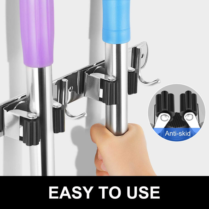  [AUSTRALIA] - IMILLET Broom and Mop Holder Wall Mounted, Stainless Steel Broom Holder Mop Holder Self Adhesive Heavy Duty Hooks Storage Organizer for Home Laundry Room Garden Garage（3 Racks with 4 Hooks） 1 Pack 3 Racks with 4 Hooks