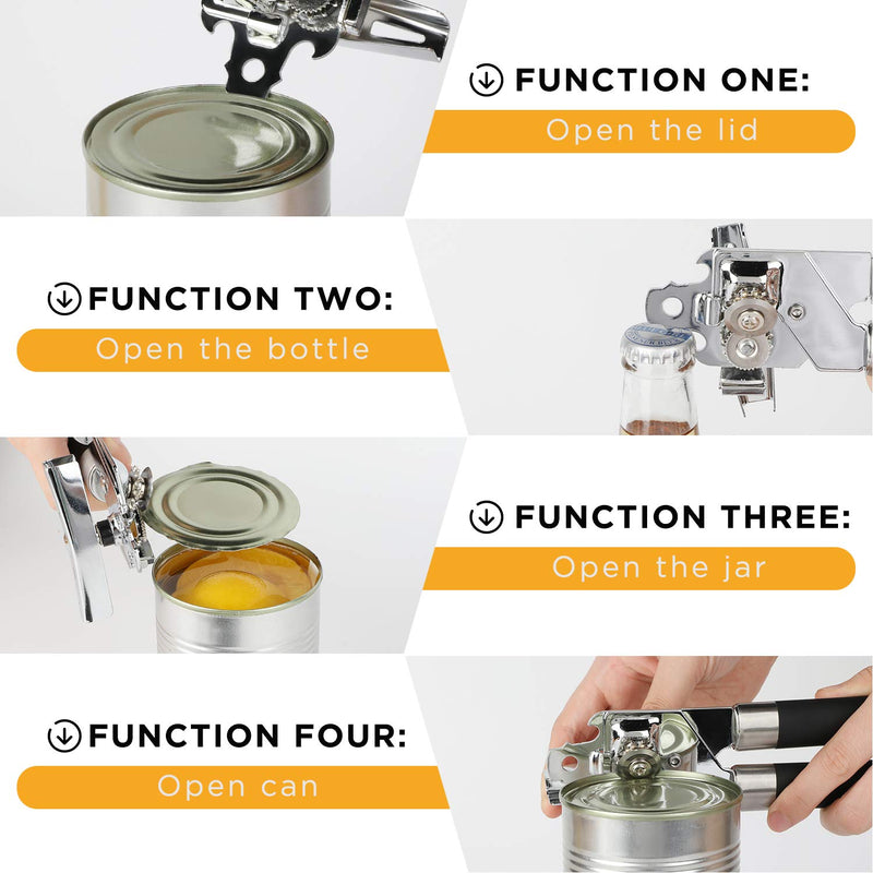 [AUSTRALIA] - Can Opener Manual,4-In-1 Stainless Steel Lightweight Duty Can Opener,Bottle Opener Ergonomic Anti-slip Grips,Smooth Edge Manual Can Opener,Easy Turn Knob,Sharp Blade (2 Spare Blades)