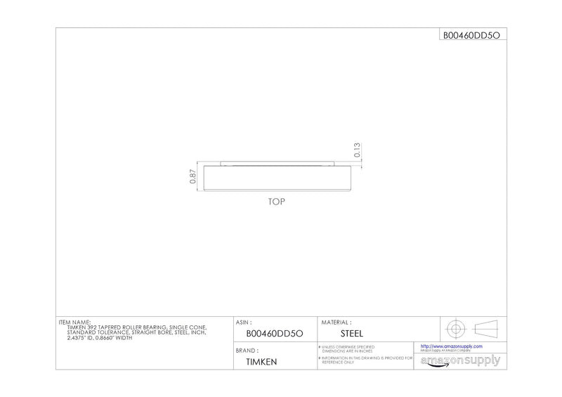  [AUSTRALIA] - Timken 392 Tapered Roller Bearing, Single Cone, Standard Tolerance, Straight Bore, Steel, Inch, 2.4375" ID, 0.8660" Width