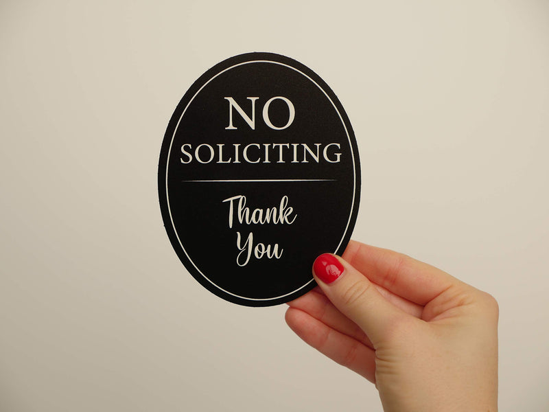  [AUSTRALIA] - All Hung Up 4" x 5" Aluminum Oval Classy Quality Sign: Full adhesive sticker back | Outdoor or indoor use - Front door, window, house, home, business, office | No Soliciting Thank You | Black metal