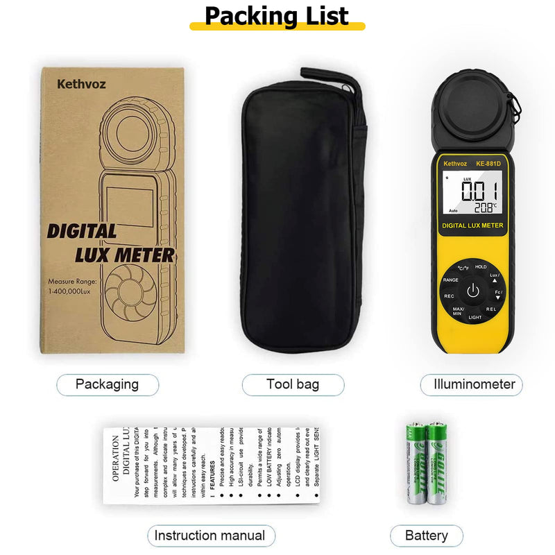  [AUSTRALIA] - Light Meter Foot Candle Lumen Tester, Kethvoz Digital Luxometro Measure Lighting Luminosity Brightness 0.1~400,000 Lux for Photography LED Plant Grow Light Aquarium KE-881D