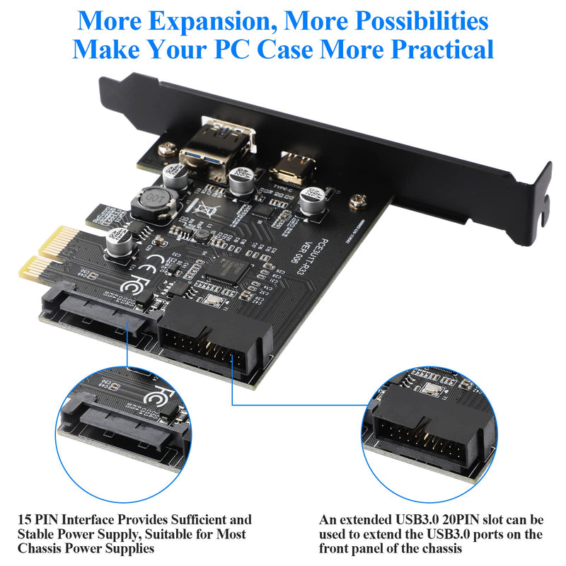  [AUSTRALIA] - BEYIMEI PCI-E 1X to USB 3.2 Gen1 5Gbps 2 Ports(Type C+ Type A) Expansion Card,with 19PIN USB 3.0 Interface, 15PIN SATA Power Connector, PCIE to USB Card Supports Windows 10/ 8/7/Linux TYPE-C+TYPE-A+19PIN
