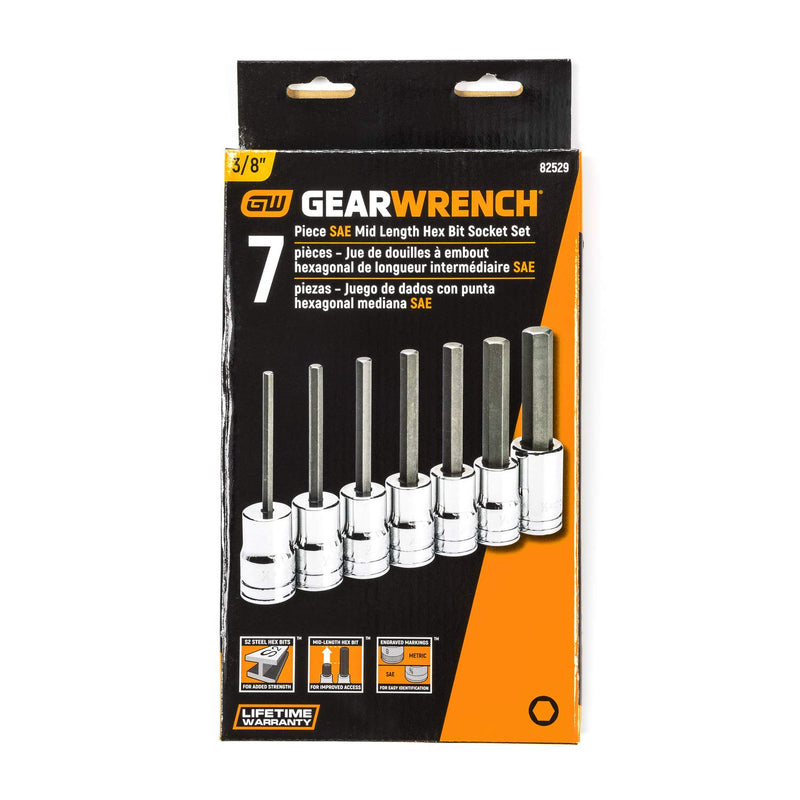  [AUSTRALIA] - GEARWRENCH 7 Pc. 3/8" Drive Mid Length Hex Bit SAE Socket Set - 82529